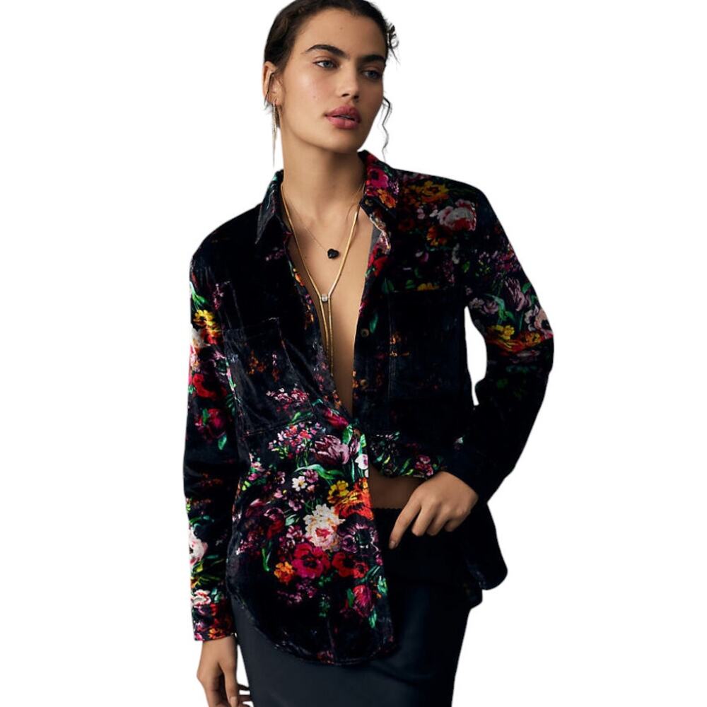 Anthropologie Pilcro Black Relaxed Floral Velvet Button Down Shirt